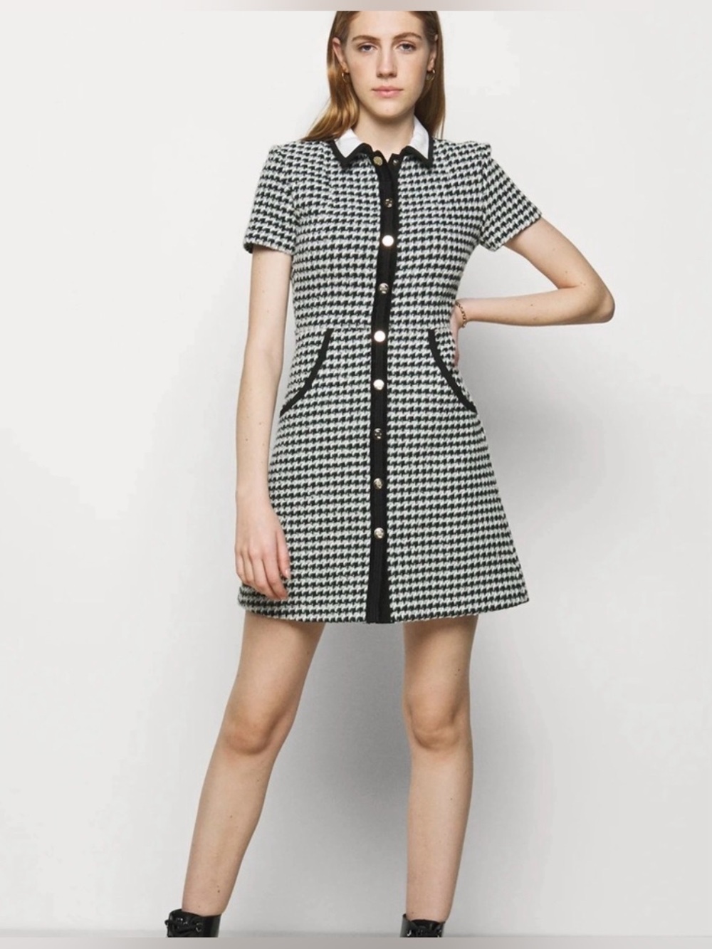 Maje Renaga Houndstooth Tweed Mini Dress Preppy Academia Fall Size 3 L NWOT